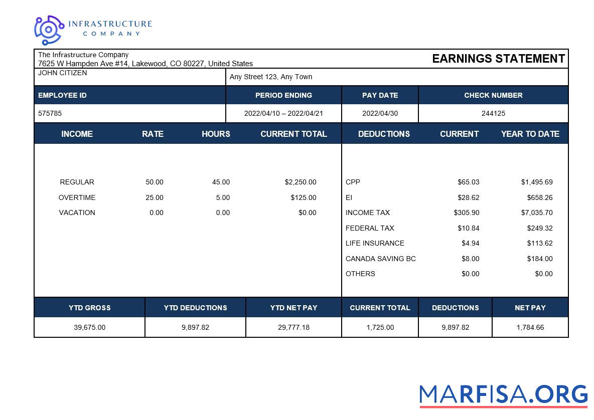 Downloadable Infrastructure company payslip example